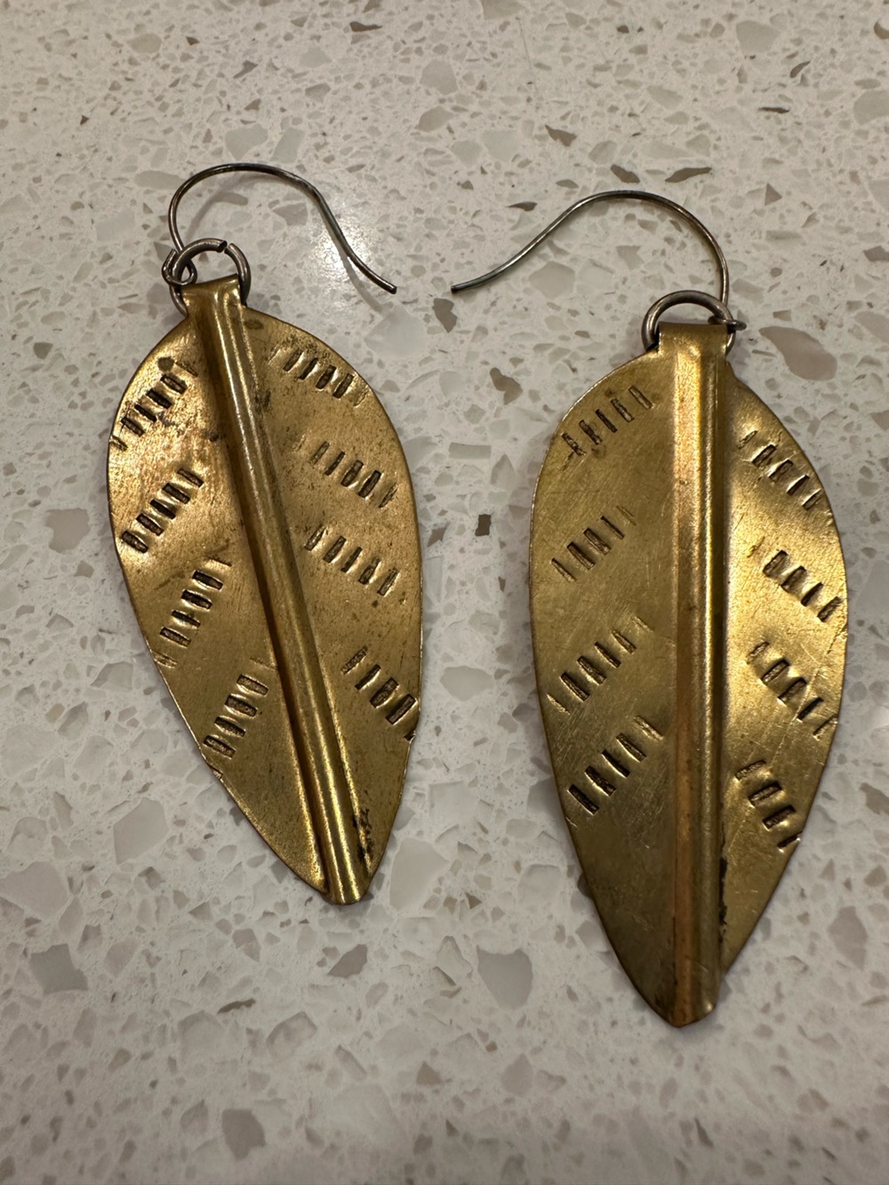 Gold Leaf Dangle Earrings, Handmade artisan metal earrings
